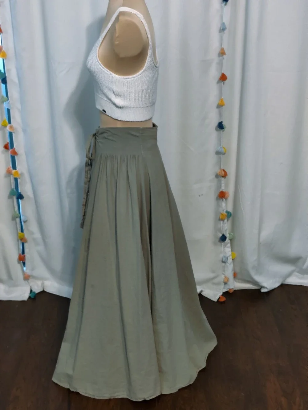 Luna Luz Vintage Cotton Maxi Skirt full button front Low Slung khaki/green SM - Picture 4 of 9